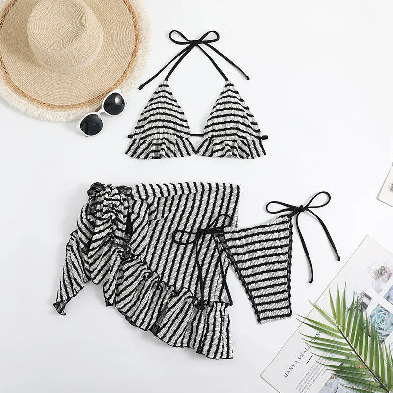 European and American New Lace-up Rope Striped Draped Dress Three-Piece Swimsuit Bikini