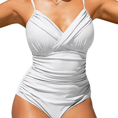 One-piece swimsuit solid color cross European and American swimwear pleated open back bikini