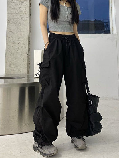 Street Hip Hop Cargo Hosen Frauen Mode Taschen Oversize Lose Hosen Sommer Bf Koreanische Hohe Taille Breite Bein Hosen Neue