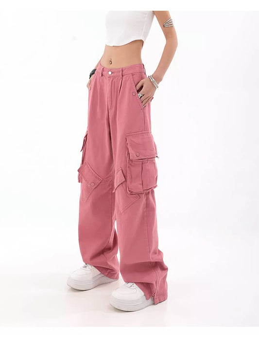 Pink Cargo Pants Streetwear Style High Waist Straight Jeans Pants Fashion Harajuku Women Baggy Y2K Wide Leg Loose Denim Trouser