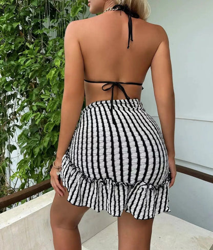 European and American New Lace-up Rope Striped Draped Dress Three-Piece Swimsuit Bikini