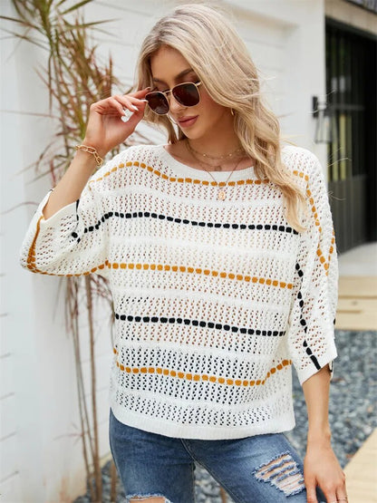 Women's Loose Sweater Spring and Summer Striped Seven-point Sleeve Hollowed Out Knitted Sweater One-line Neck Beach Wear Smock