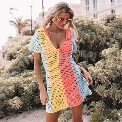 TEELYNN Crochet Hollow Out Women Cover Up Boho Sweater Short Sleeve Knitted Bikini Beach Wear Summer Mini Dress Deep V-neck 2022