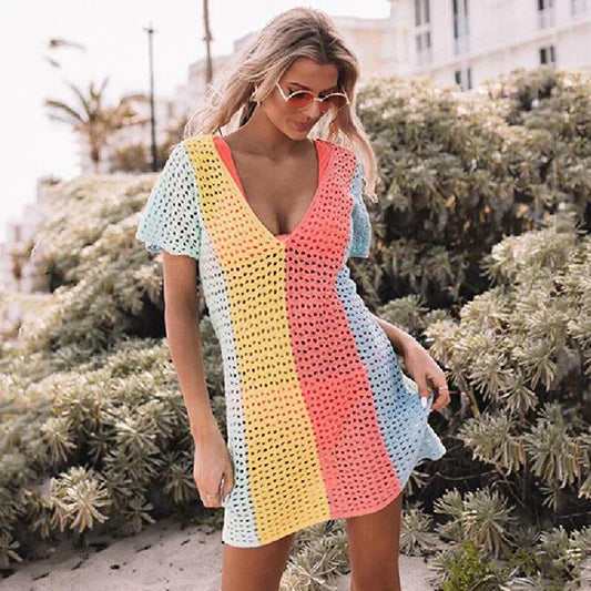 TEELYNN Häkeln Aushöhlen Frauen Cover Up Boho Pullover Kurzarm Gestrickte Bikini Strand Tragen Sommer Mini Kleid Tiefem V-ausschnitt 2022