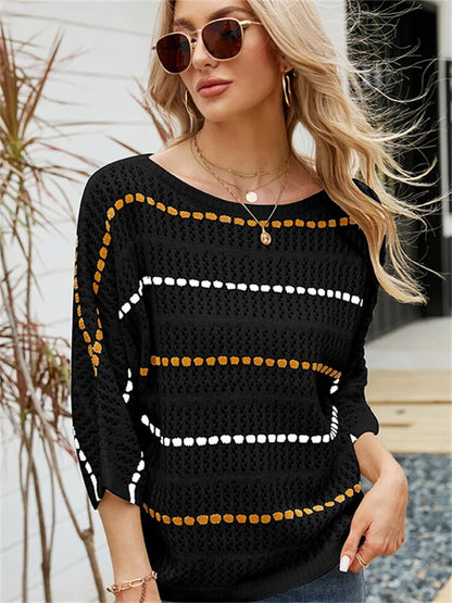 Women's Loose Sweater Spring and Summer Striped Seven-point Sleeve Hollowed Out Knitted Sweater One-line Neck Beach Wear Smock