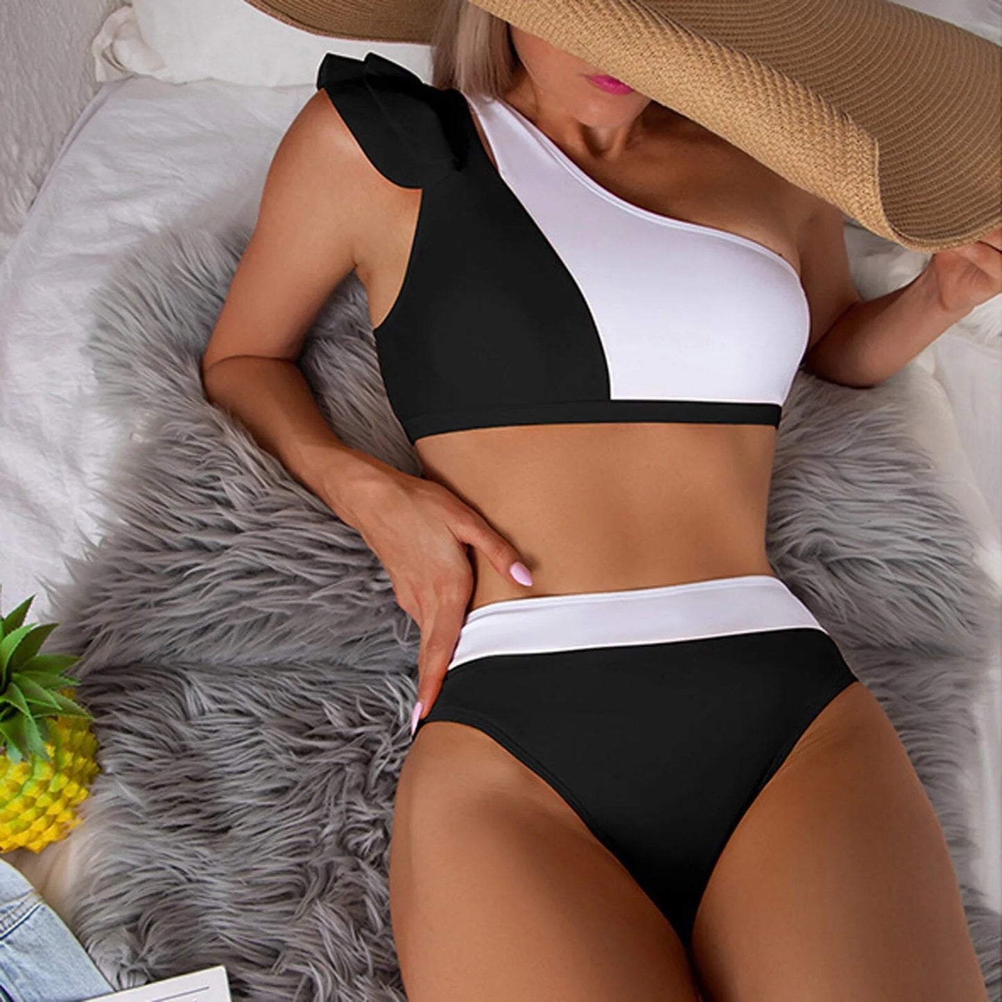 Women's High Waist Colorful Split One-Shoulder Bikini With Chest Pad Without Steel Bra Swimsuit Sexy Outdoor Beach Swimsuit бики
