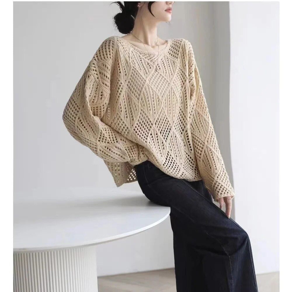 Übergroßen Gehäkelte Strickwaren Frauen Herbst Oansatz Langarm Aushöhlen Pullover Weibliche Feste Lose Beiläufige Gestrickte Pullover Strand