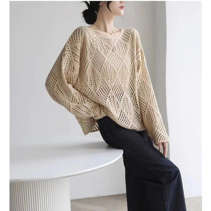 Oversized Crocheted Knitwear Women Autumn O-Neck Long Sleeve Hollow Out Sweater Female Solid Loose Casual Knitted Pullover Beach