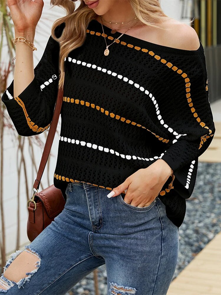 Women's Loose Sweater Spring and Summer Striped Seven-point Sleeve Hollowed Out Knitted Sweater One-line Neck Beach Wear Smock