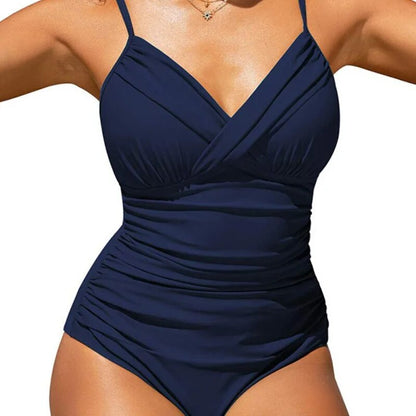 One-piece swimsuit solid color cross European and American swimwear pleated open back bikini