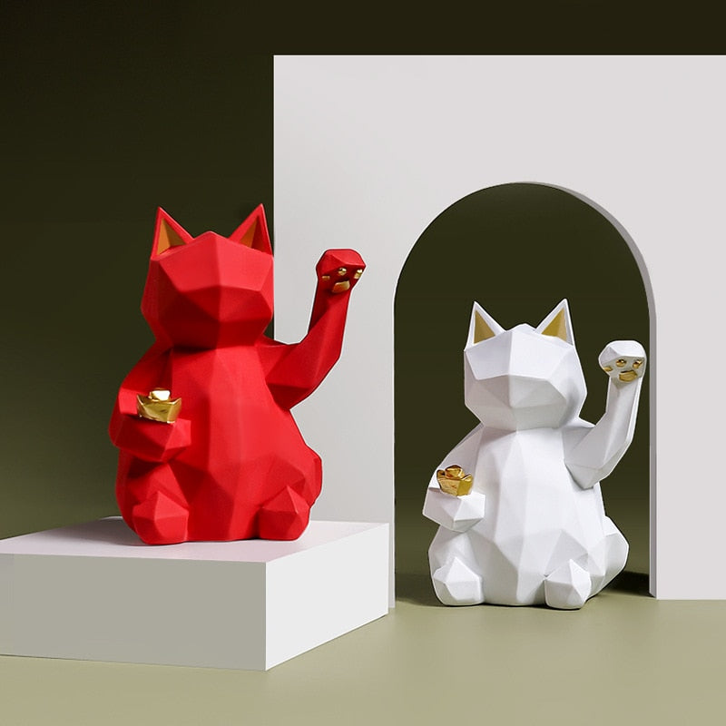 Figuras geométricas de gato de la suerte, modernas y minimalistas, esculturas y estatuas alienígenas