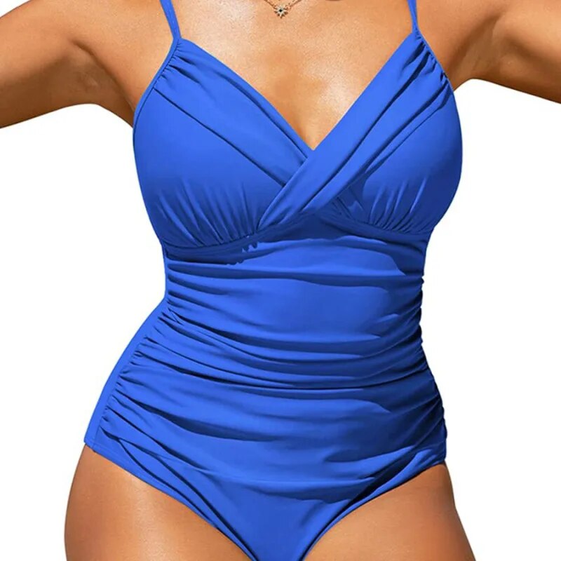 One-piece swimsuit solid color cross European and American swimwear pleated open back bikini