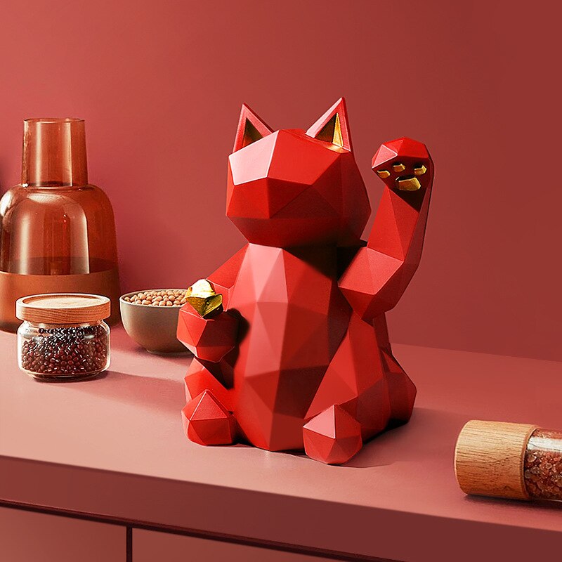 Figuras geométricas de gato de la suerte, modernas y minimalistas, esculturas y estatuas alienígenas