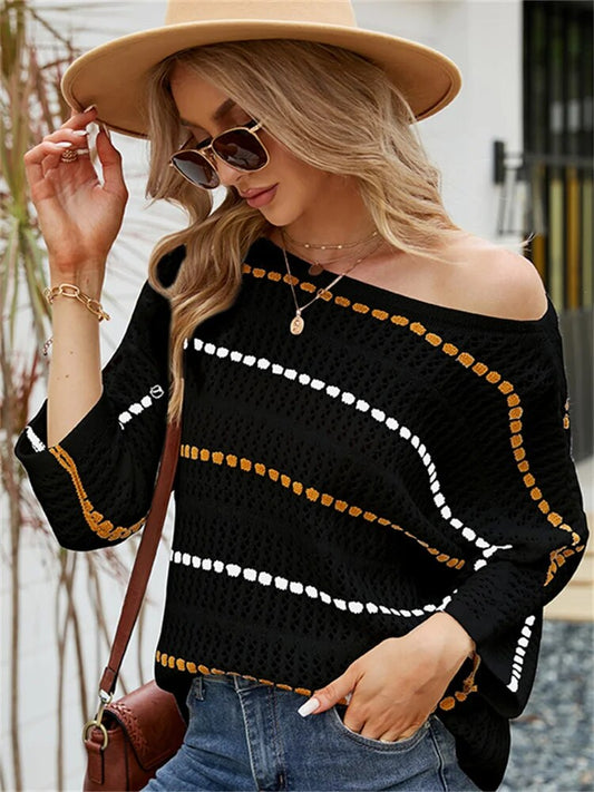 Women's Loose Sweater Spring and Summer Striped Seven-point Sleeve Hollowed Out Knitted Sweater One-line Neck Beach Wear Smock