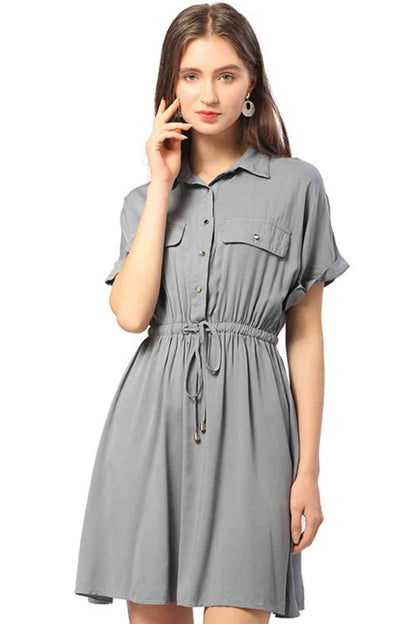 Half Button Drawstring Waist Short Sleeve Shirt Dress