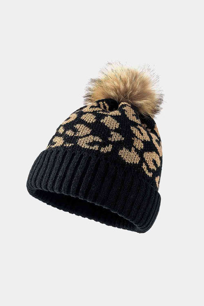 Gorro con puños y pompones de leopardo