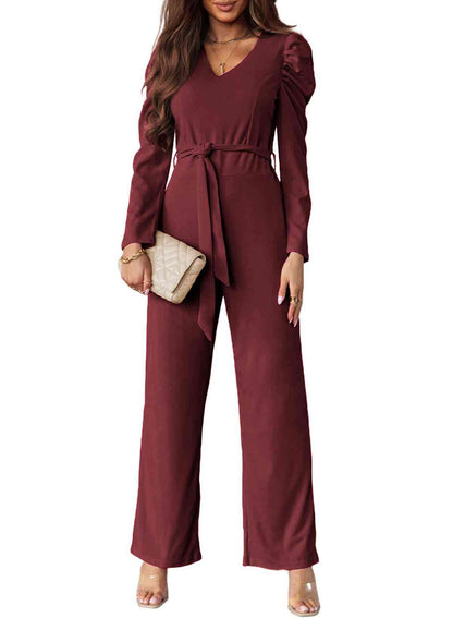 Belted Long Puff Sleeve V-Neck Jumpsuit