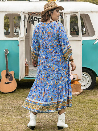 Vestido midi con manga globo y cuello en V floral de talla grande