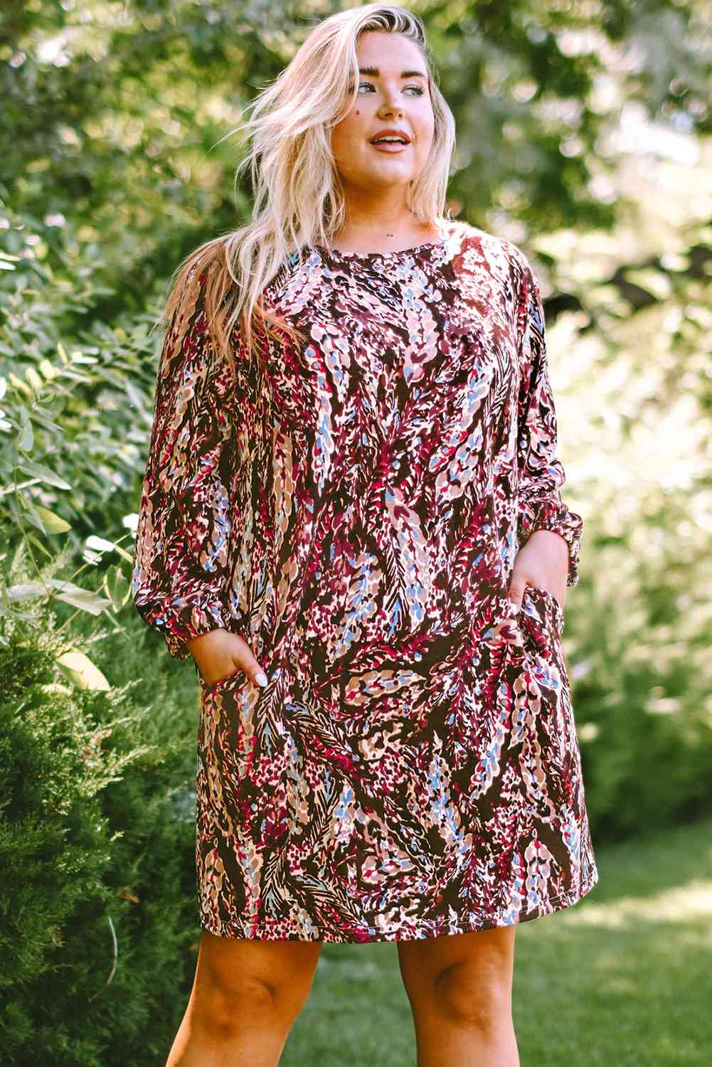 Plus Size Printed Round Neck Long Sleeve Mini Dress