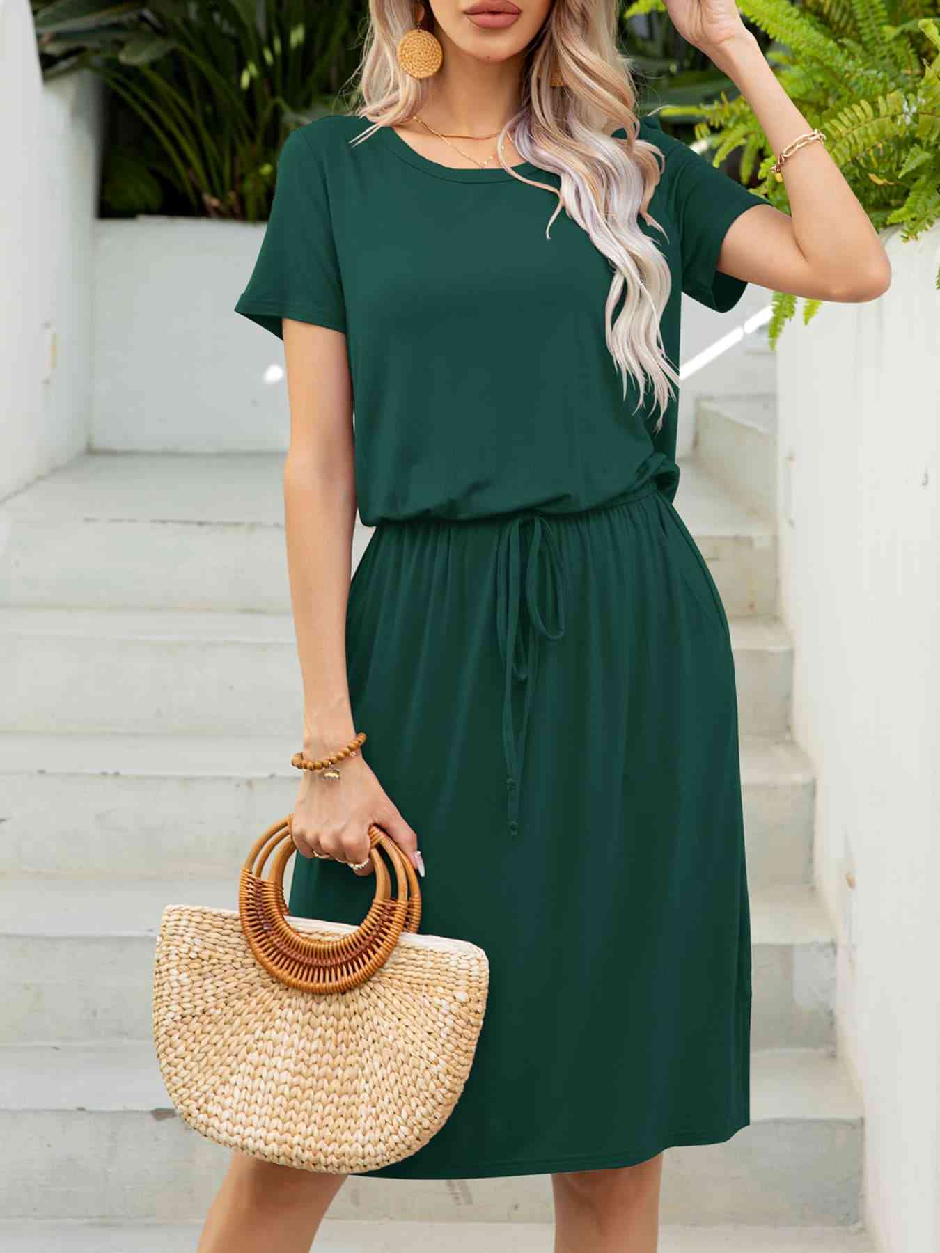 Round Neck Short Sleeve Slit Dress with Pockets