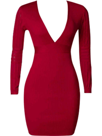 Ribbed Deep V Long Sleeve Mini  Dress