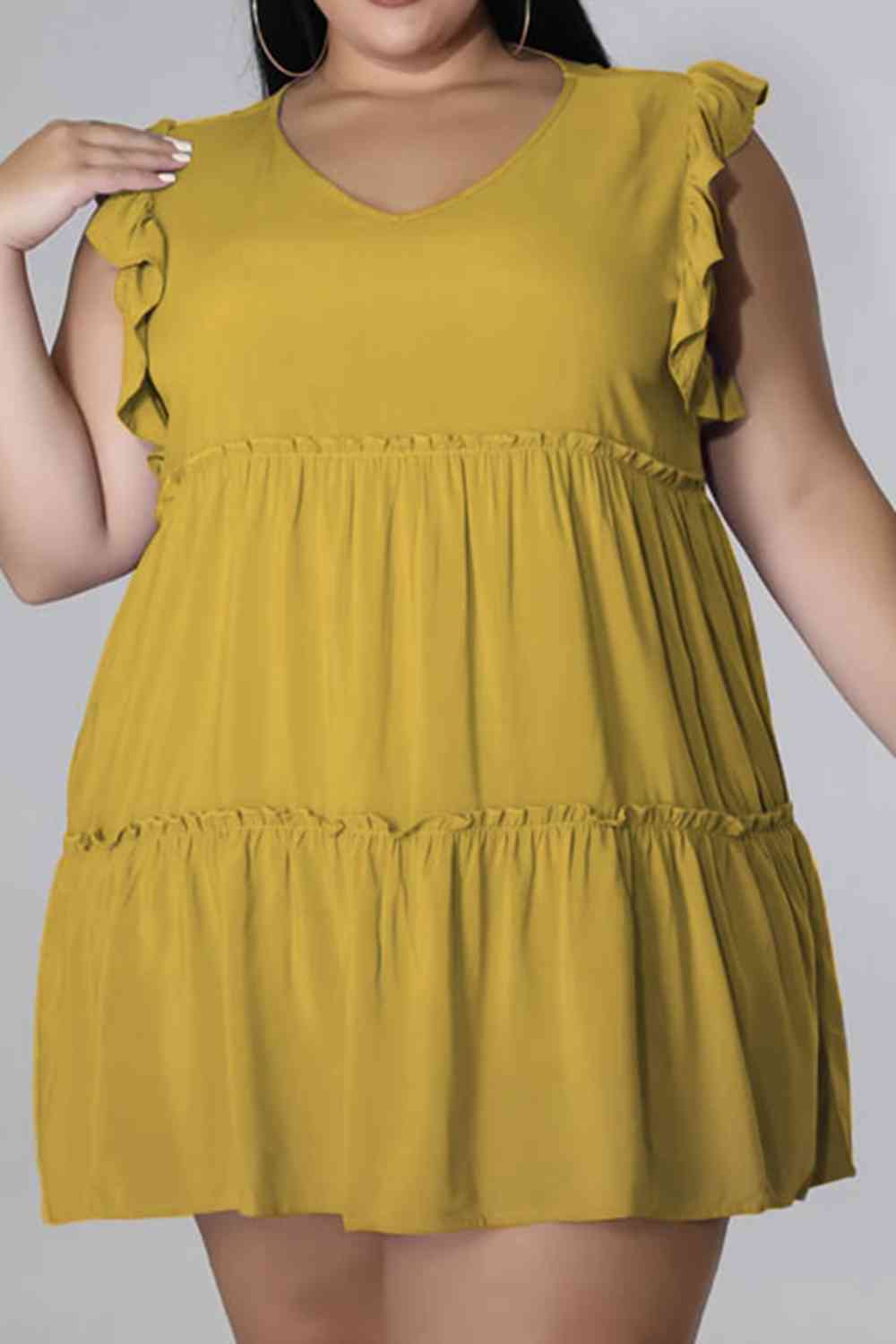 Plus Size V-Neck Frill Trim Mini Dress