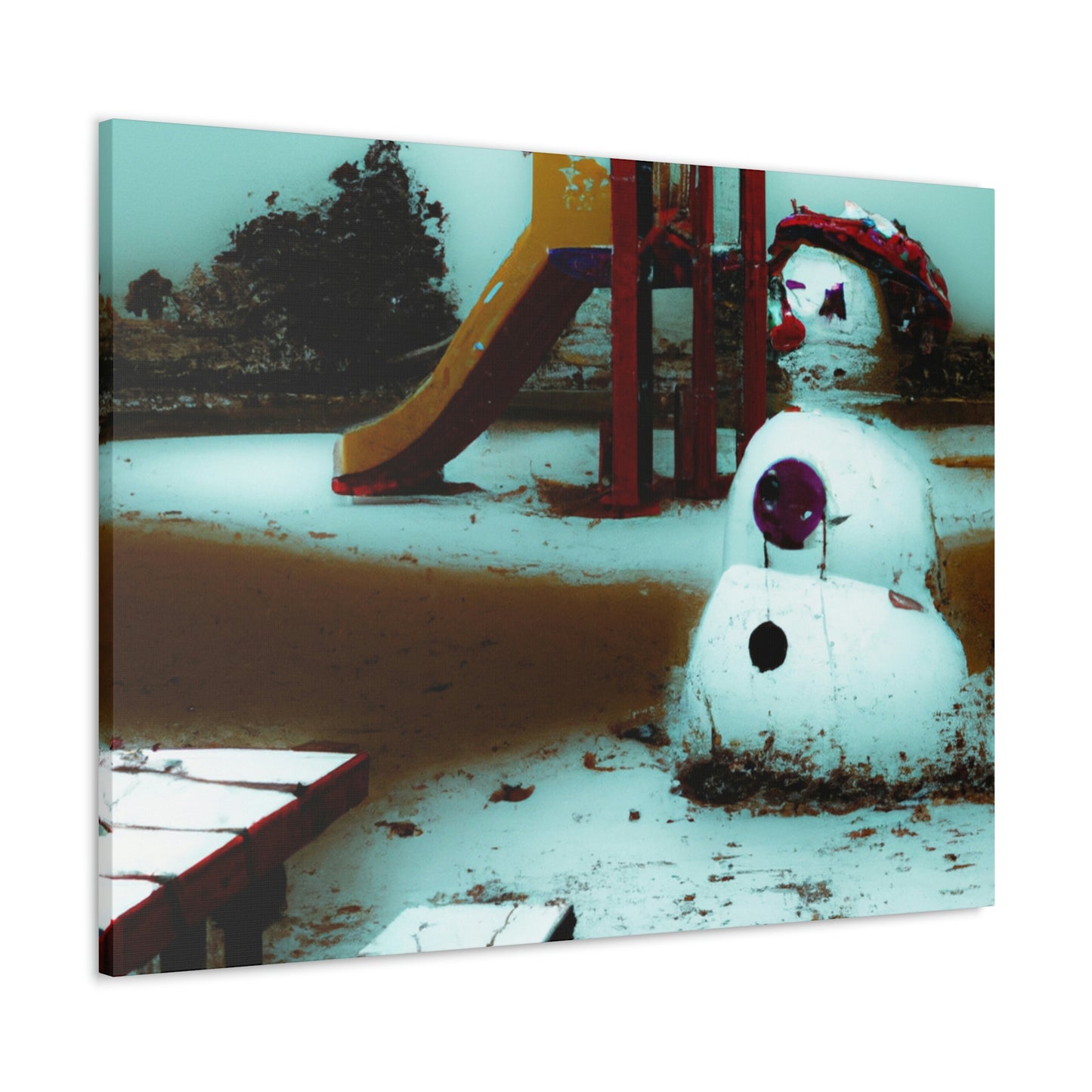 "Melancholischer Schneemann auf einem stillen Spielplatz" - The Alien Canva