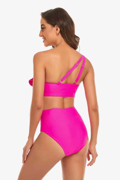 Gerüschtes One-Shoulder-Bikini-Set mit Schnalle