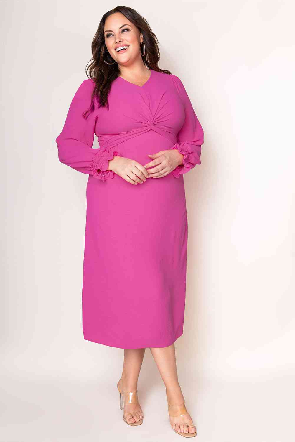 Twist Front V-Neck Flounce Sleeve Dress