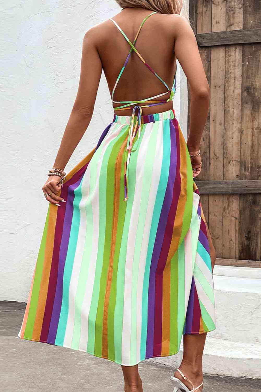 Multicolored Stripe Crisscross Backless Dress