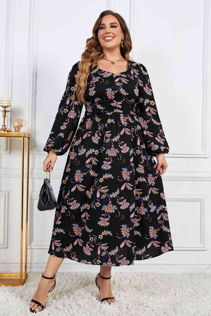 Melo Apparel Vestido midi de manga larga con estampado floral de talla grande