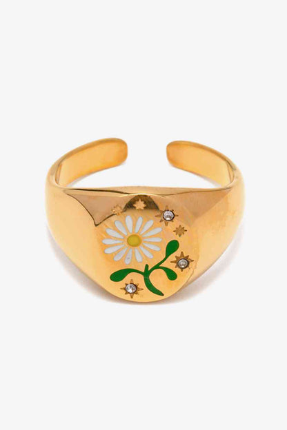 Anillo abierto de acero inoxidable con estampado de flores