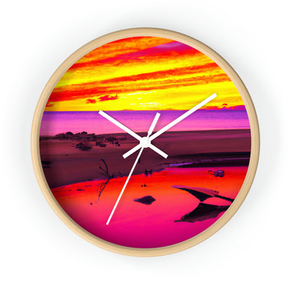 "Forgotten Solace: Die Pracht eines lebendigen Sonnenuntergangs an einem verlassenen Strand" - Die Alien-Wanduhr