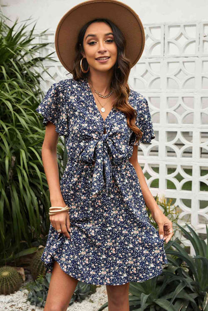 Floral Tied V-Neck Flutter Sleeve Mini Dress