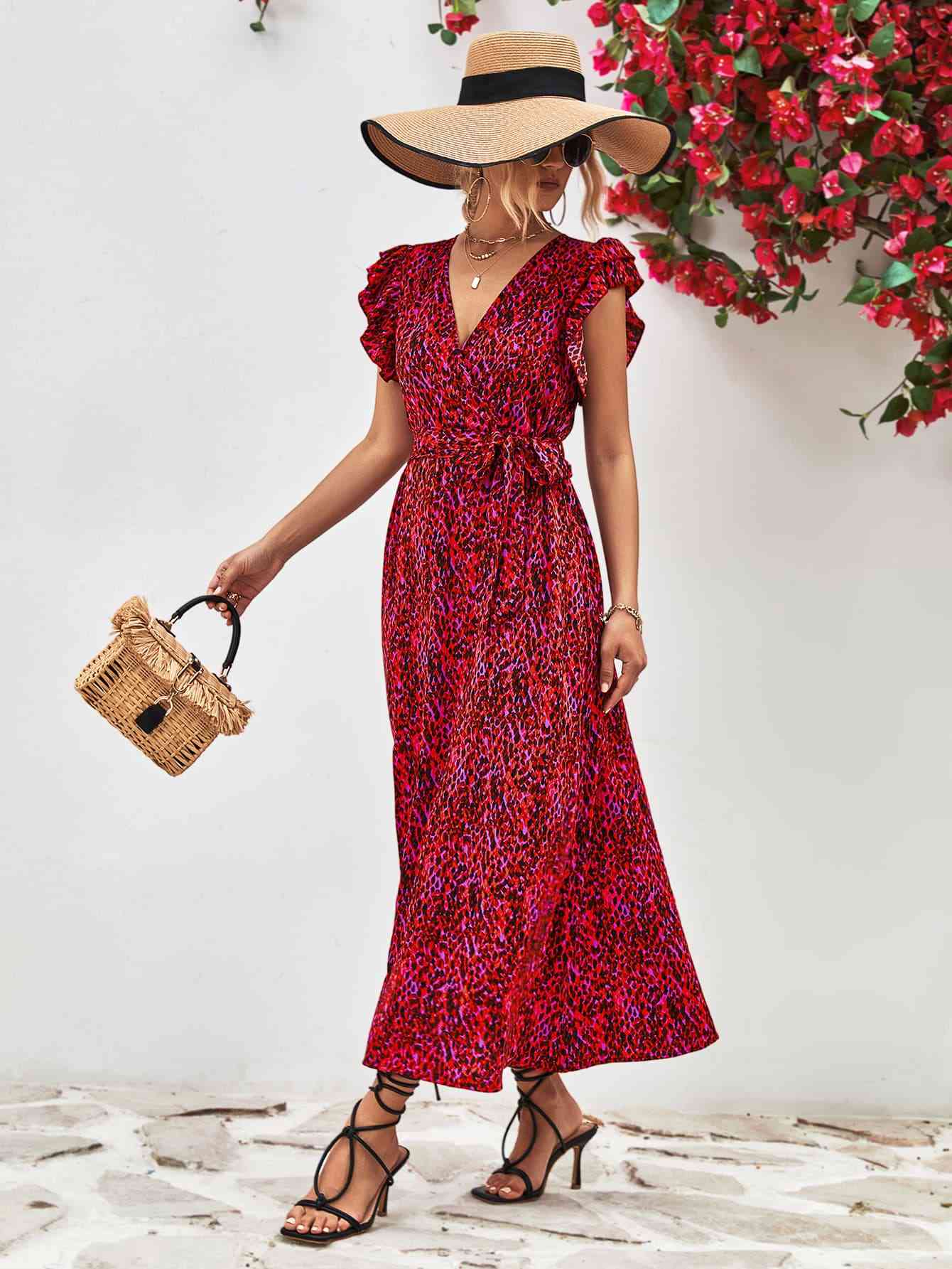 Printed Surplice Neck Flutter Sleeve Slit Dress