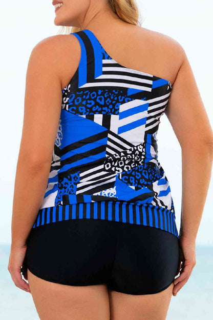 Plus-Size-Patchwork-Tankini-Set mit gebundener Schulterpartie