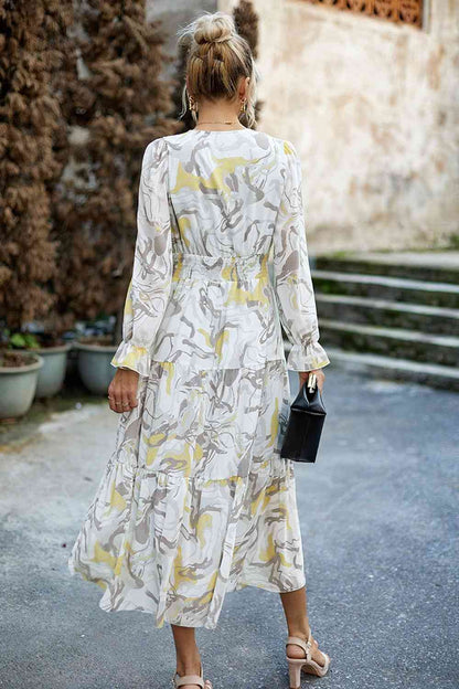 Printed Surplice Neck Flounce Sleeve Midi Dress