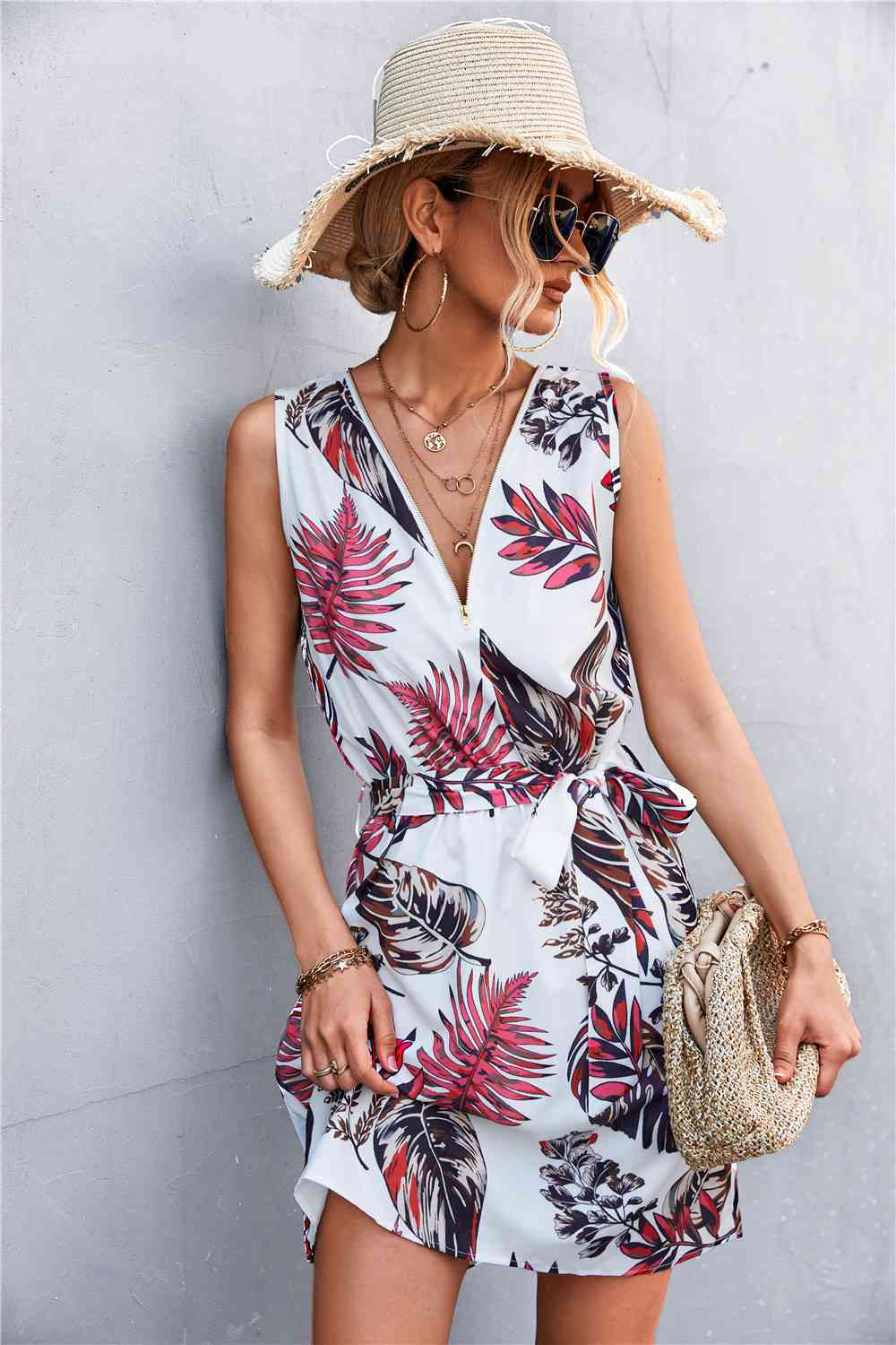 Printed Zip Detail Belted Sleeveless Dress