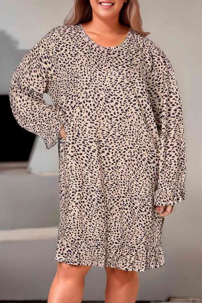 Minivestido de manga larga con estampado de leopardo de talla grande