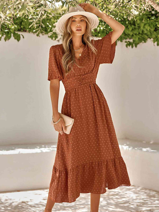 Swiss Dot V-Neck Ruffle Hem Dress