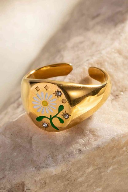 Anillo abierto de acero inoxidable con estampado de flores