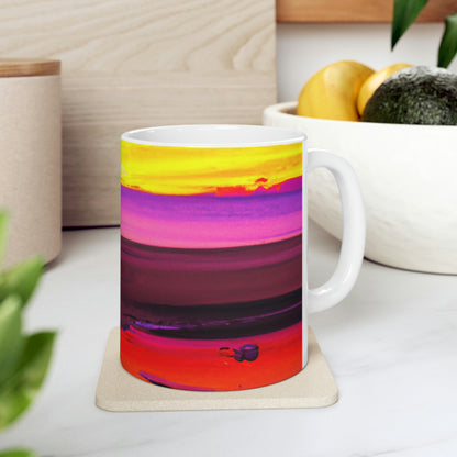 "Forgotten Solace: The Splendor of a Vibrant Sunset at a Abandoned Beach" - The Alien Ceramic Mug 11 oz