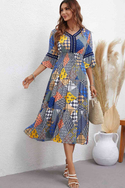 Patchwork V-Neck Tiered Midi Dress