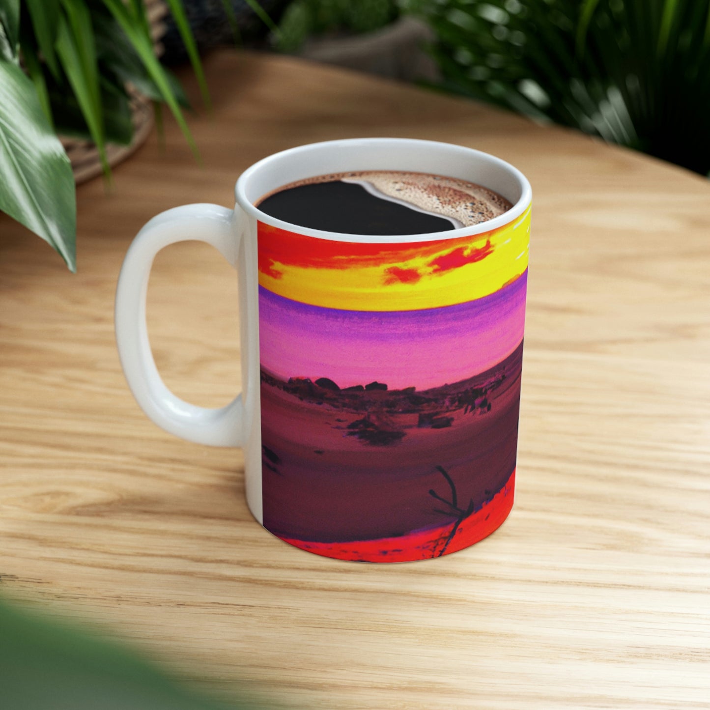 "Forgotten Solace: The Splendor of a Vibrant Sunset at a Abandoned Beach" - The Alien Ceramic Mug 11 oz