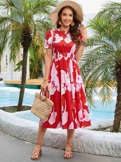 Vestido midi estampado con cuello redondo y mangas con volantes