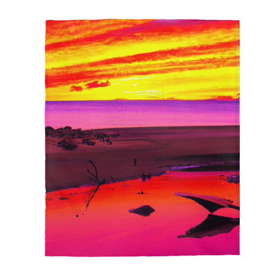 "Forgotten Solace: The Splendor of a Vibrant Sunset at an Abandoned Beach" - The Alien Velveteen Plush Blanket