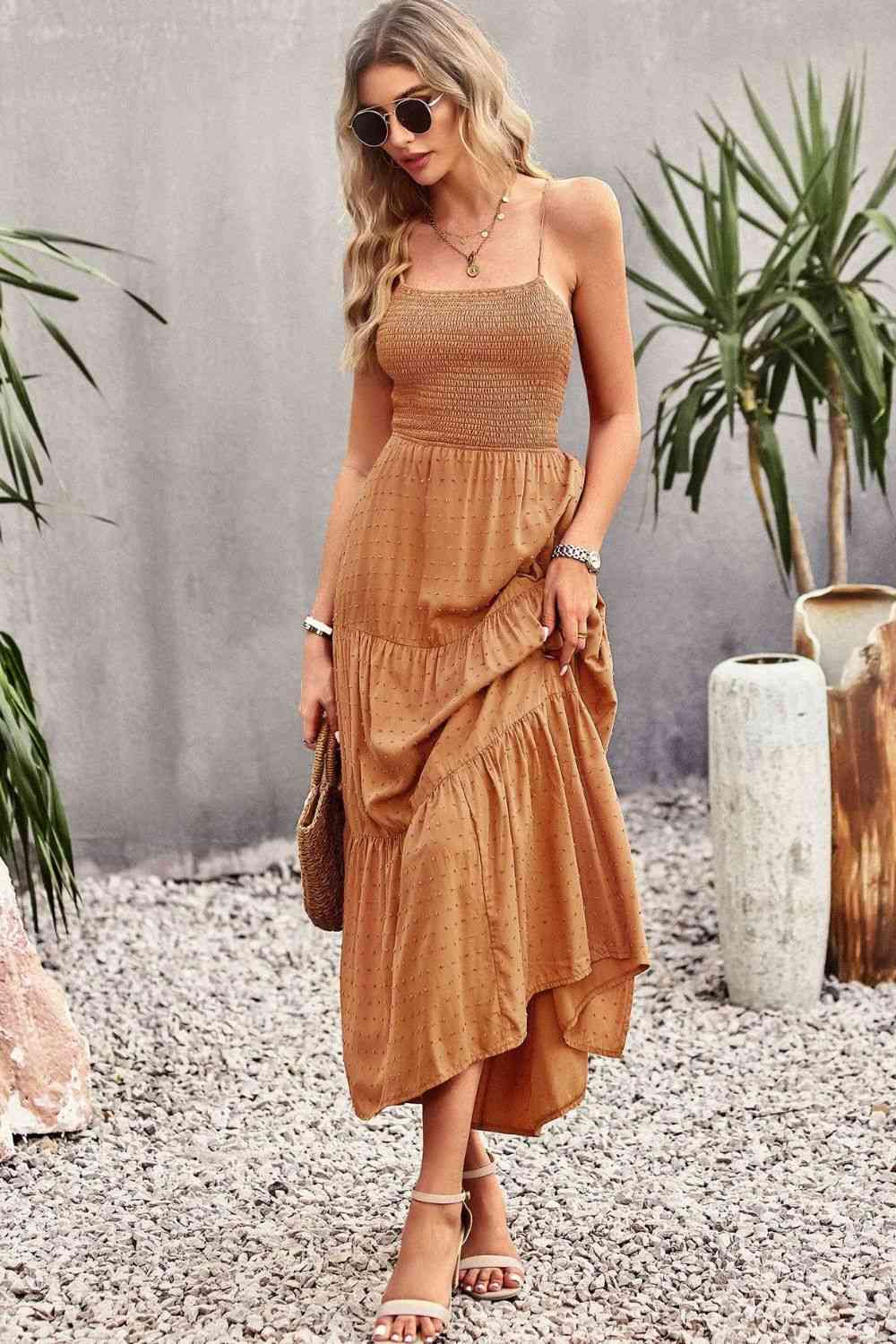 Smocked Lace-Up Tiered Dress