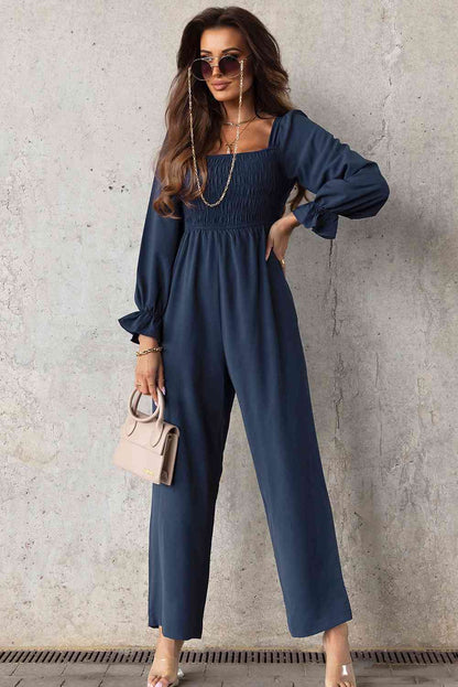 Smocked Long Flounce Sleeve Square Neck Jumpsuit