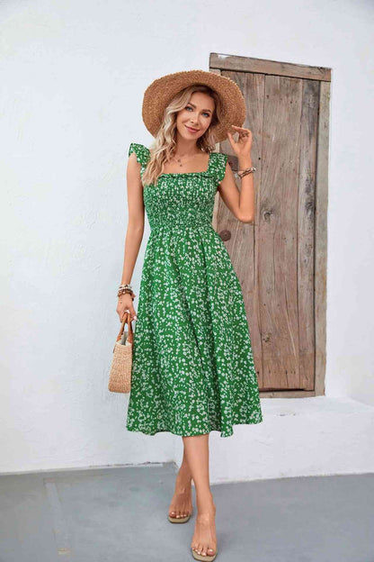 Printed Square Neck Ruffled Midi Dress