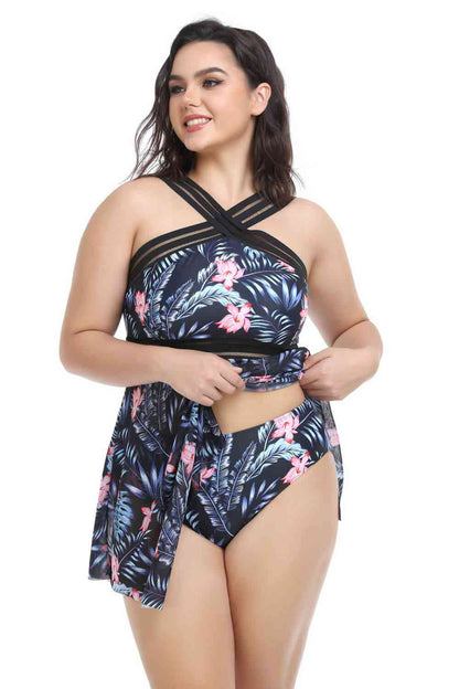 Conjunto de pantalón y vestido de baño con dobladillo de pañuelo de talla grande